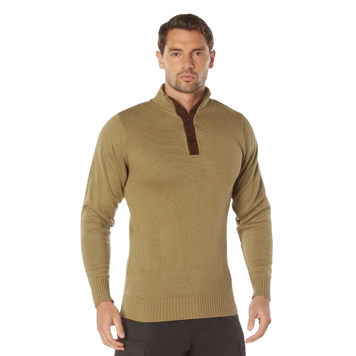 Rothco 3-Button Sweater with Suede Accents - Color : Khaki, Size : 2XL