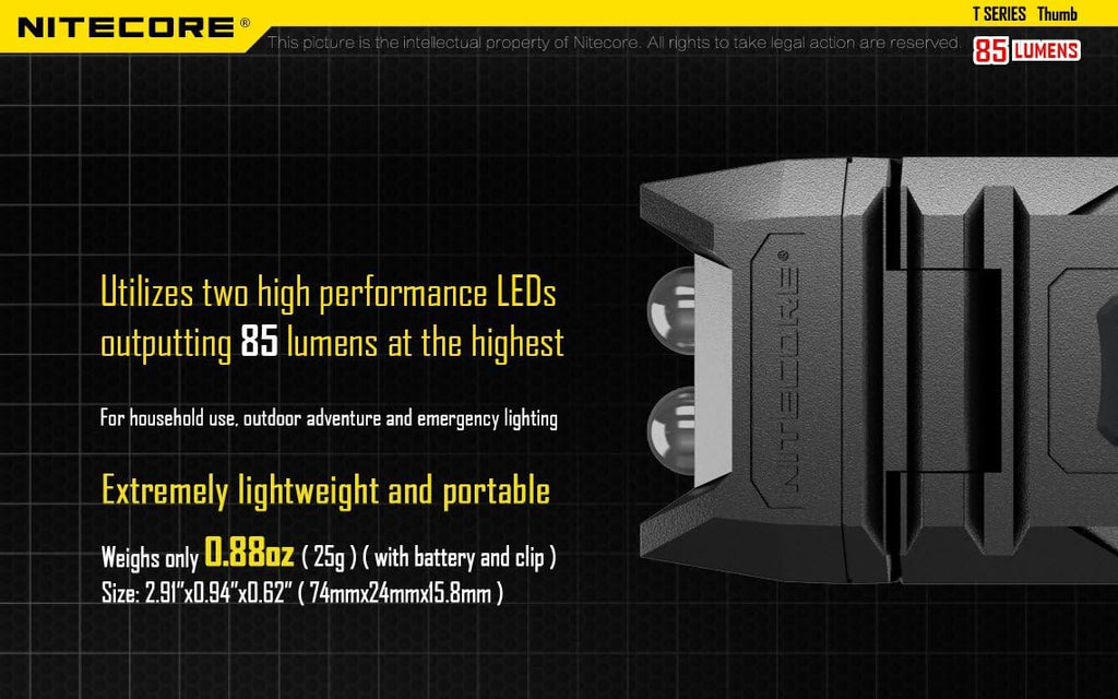 NITECORE Thumb USB Rechargable, 85 lumens shoulder lamp, with High, Med, Low intensity