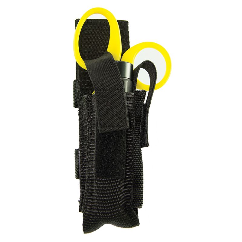 VERTICAL MULTI SCISSOR POUCH WITH HOLDER FOR SMALL FLASHLIGHT, TWEEZERS AND MORE