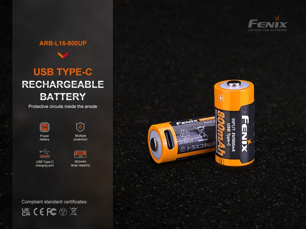 Fenix ARB-L16-800UP – 800mAh 16340 Power Battery with Type-C Charging Port