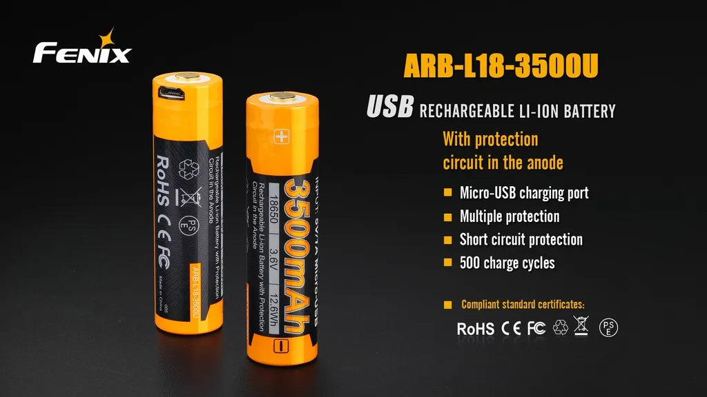 Fenix ARB-L18-3500U – 3500mAh 18650 Battery with Micro-USB Charging Port