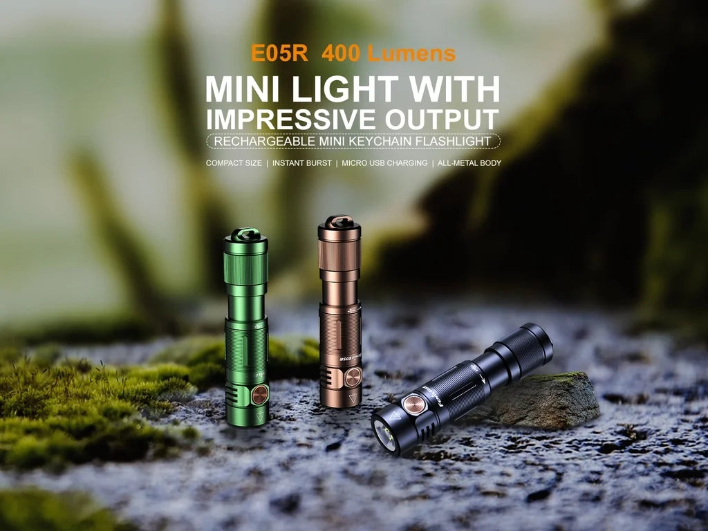 Fenix E05R – Rechargeable Mini Keychain Flashlight with Rotary Hidden Charging Port