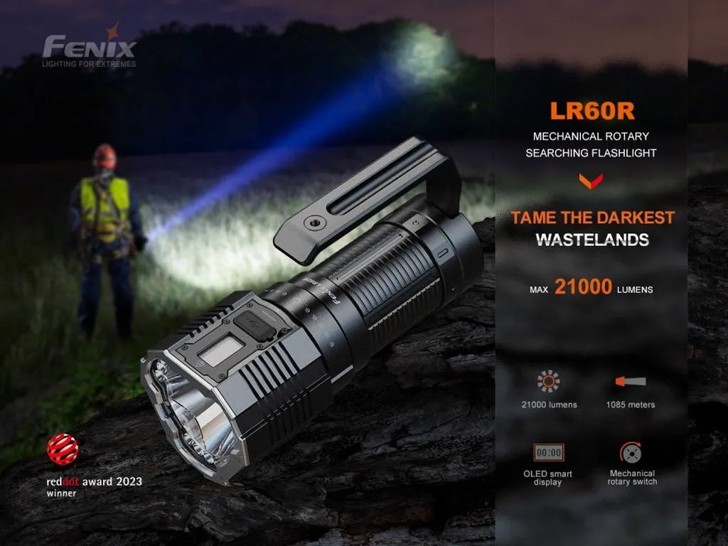 Fenix LR60R – Super Bright Mechanical Rotary Searching Flashlight with OLED Display