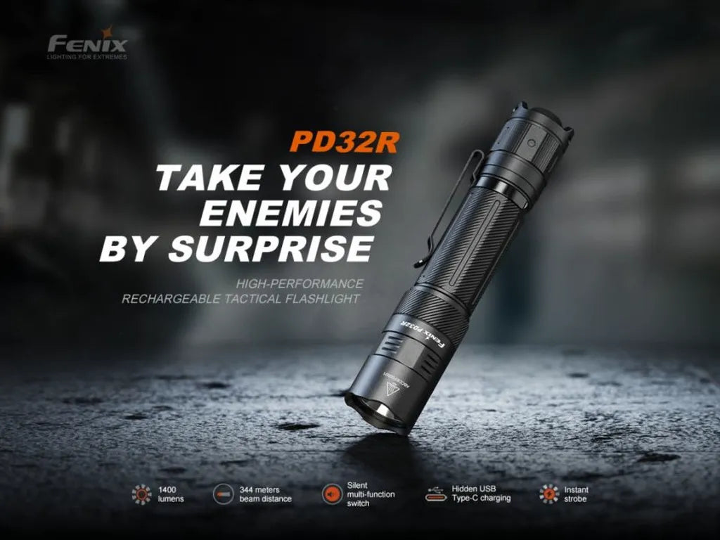 Fenix PD32R – Compact Rechargeable Tactical Flashlight with Multifunctional Single Tail Switch and Rotary Hidden Charging Por